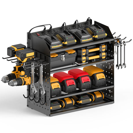 CCCEI Modular Desk Power Tools Organizer with Charging Station, 4 Layer Drills Battery Storage Wall Mount, Garage Shop Organization, Anniversary, Birthday, Gifts for Men, Father, Black, 10FT Cord. CCCEI