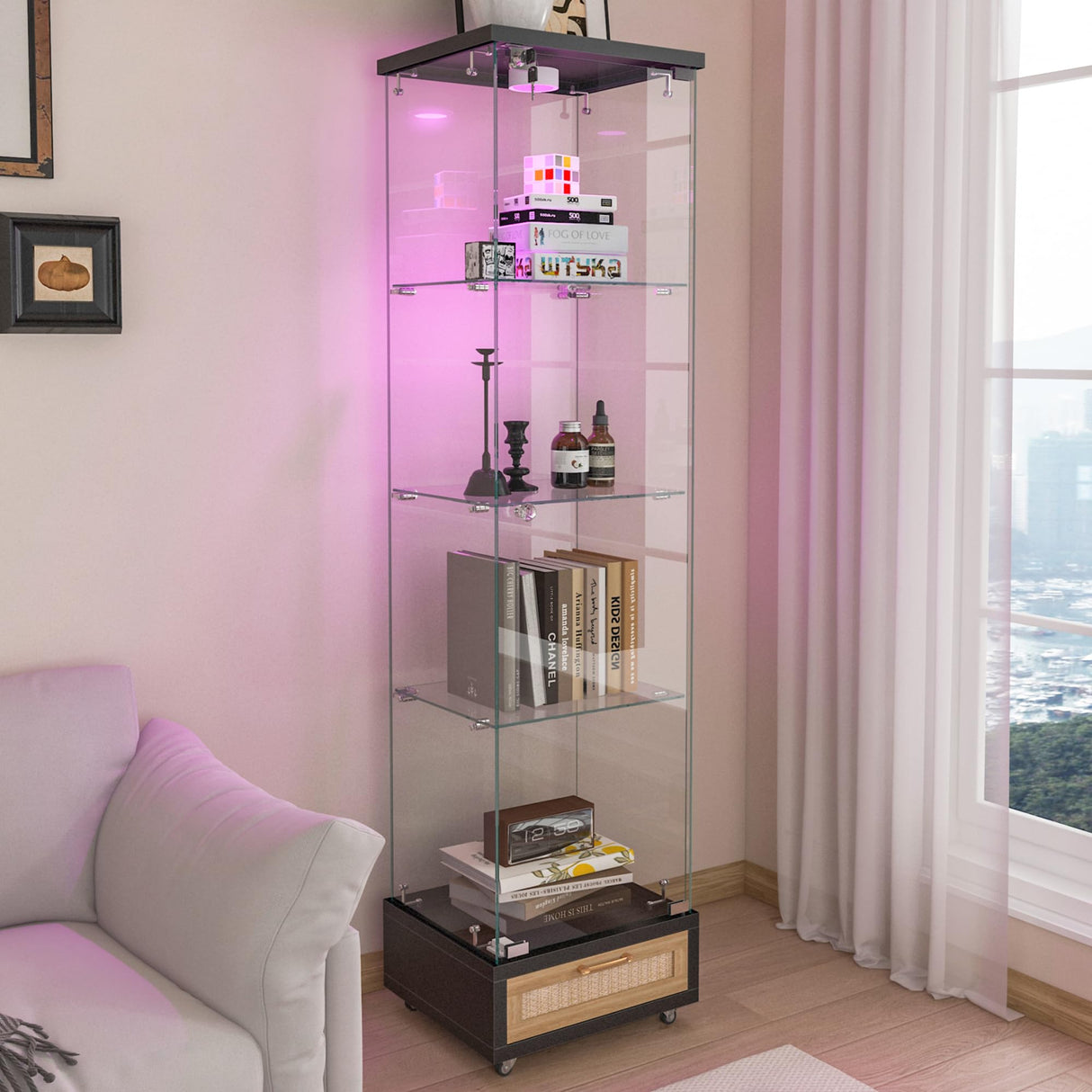 4-Tier Glass Display Cabinet with LED Lights & PE Rattan Drawers, Glass Curio Cabinets Collectibles Display Case on Wheel, Tempered Glass Freestanding Bookshelf for Living Room Bedroom Office, Black TehRecBT