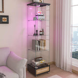 4-Tier Glass Display Cabinet with LED Lights & PE Rattan Drawers, Glass Curio Cabinets Collectibles Display Case on Wheel, Tempered Glass Freestanding Bookshelf for Living Room Bedroom Office, Black TehRecBT