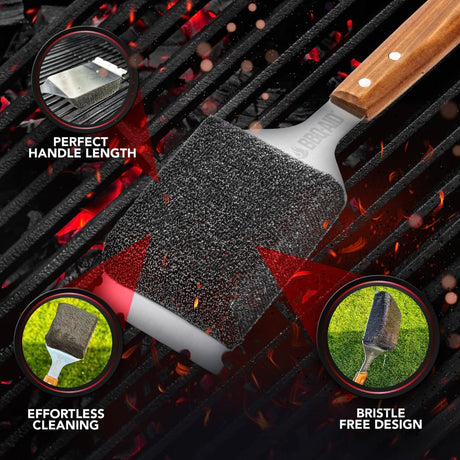 BBQ-AID Bristle Free Grill Brush and Scraper for Barbecue – Grill Brush for Outdoor Grill with Extended, Large Wooden Handle and Replaceable Head –No Scratch- BBQ Grill Cleaning Accessories. BBQ-Aid