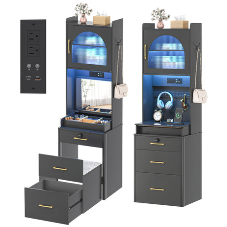 NUNU LAB Small Vanity Desk with Mirror and Lights, 3 in 1 Tall Makeup Vanity Set with Charging Station, Compact Mini Corner Vanity Set Dressing Table for Bedroom Checkroom NUNU LAB