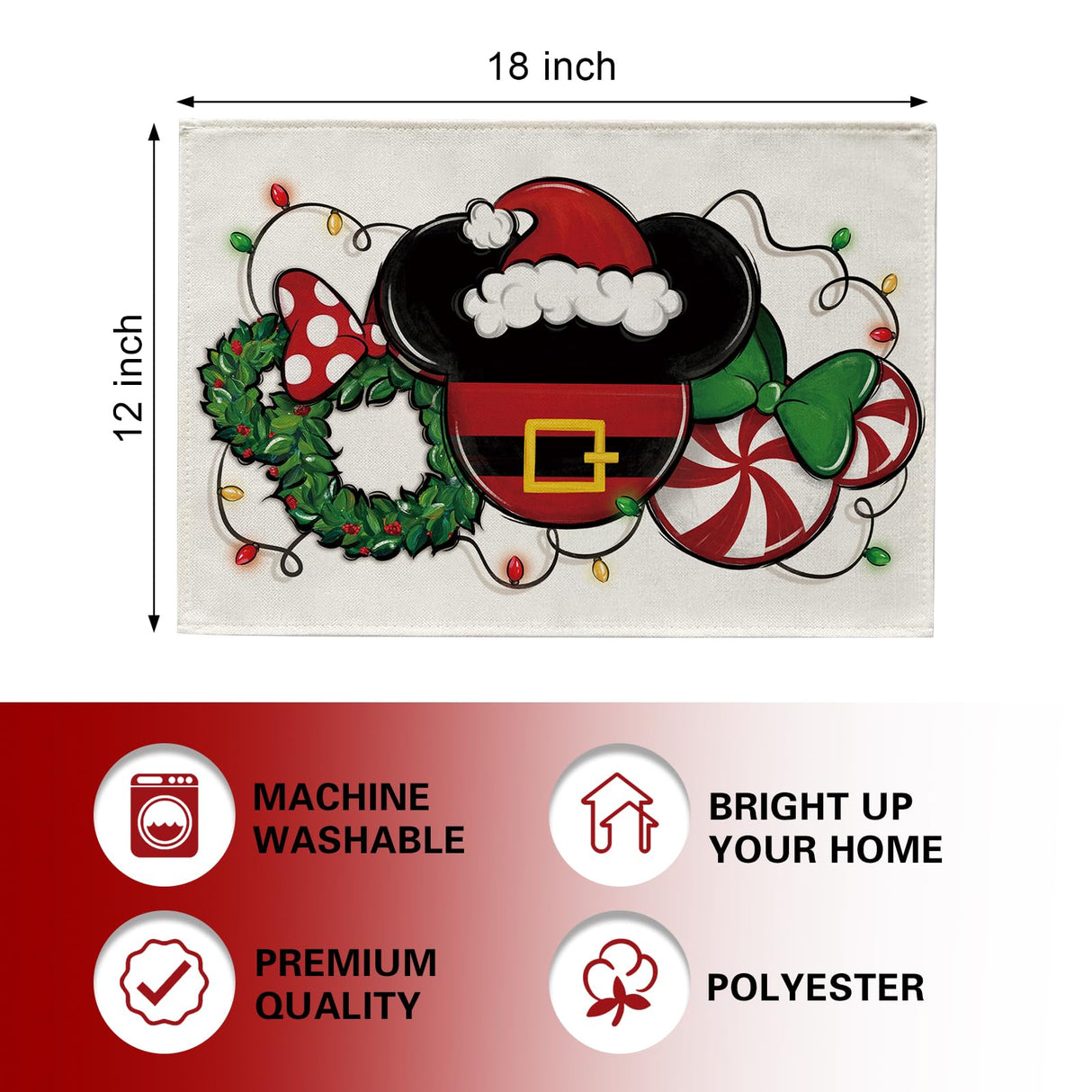 Croar Christmas Santa Placemats Set of 4, Xmas Wreath Peppermint Candy Dining Place Mats Table Decor, Winter Funny Holiday Home Kitchen Decoration 12 x 18 Inch Croar