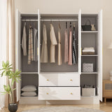 MOUMON 4 Door Wardrobe Armoire Closet with Mirror Door & Shelves, Armoire Wardrobe Closet with 2 Hanging Rods, Armoires and Wardrobes with 2 Drawers, White (63”W x 19.7”D x 70.9”H) MOUMON