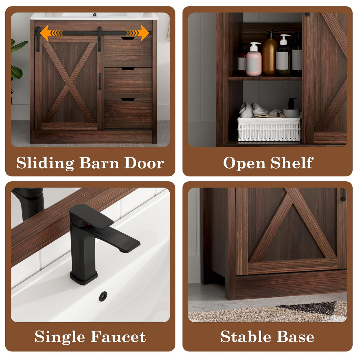 chartustriable 36 Inch Bathroom Vanity with Sink & Faucet & Mirror, Farmhouse Bathroom Vanity Cabinet Set with Sliding Barn Door & Drawers, Small Single Bath Storage Vanity Sink, Brown chartustriable