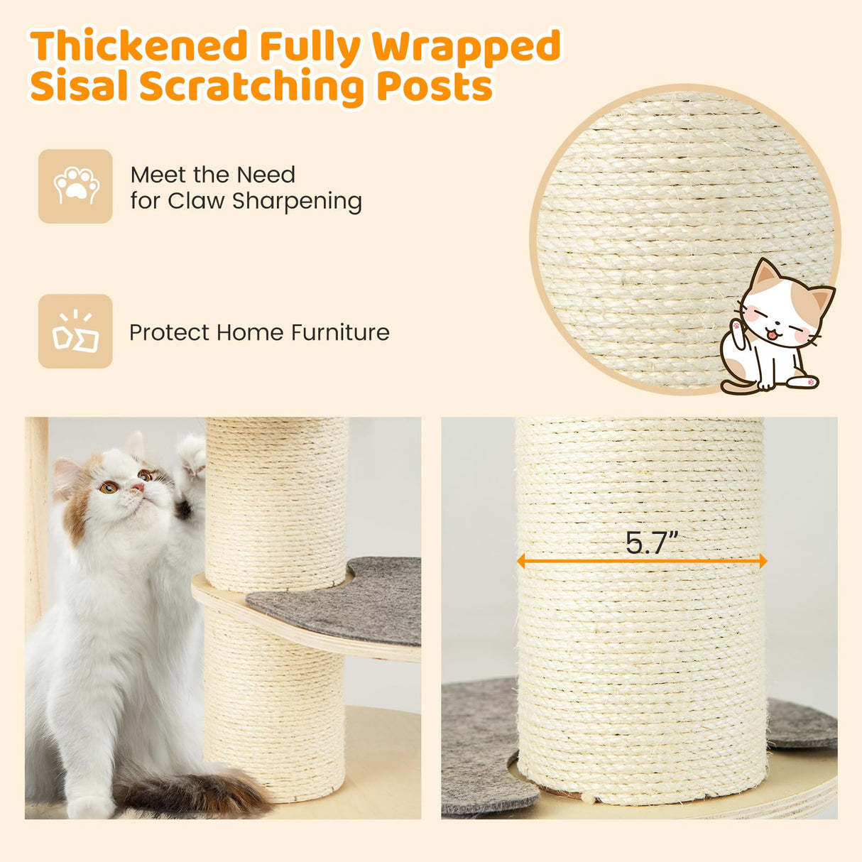 Tangkula Wood Cat Tree, 47 Inch Multi-Layer Cat Tower with 5.7” Thicker Sisal Covered Scratching Posts & Carpet, Padded Top Perch, 2 Jumping Platforms, Hammock, Modern Cat Tree Tower for Indoor Cats Tangkula