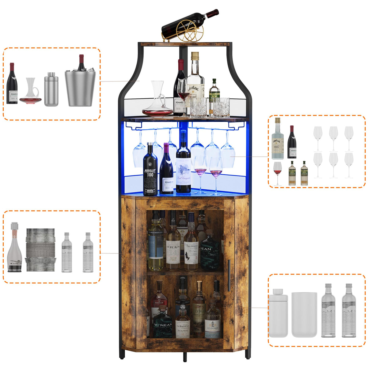 GarveeHome Corner Bar Cabinet with LED Lights, Industrial Liquor Cabinet with Adjustable Shelf, 5-Tier Industrial Wine Cabinet with Glass Holder, Home Bar Cabinet, Coffee Bar Cabinet, Rustic Brown GarveeHome
