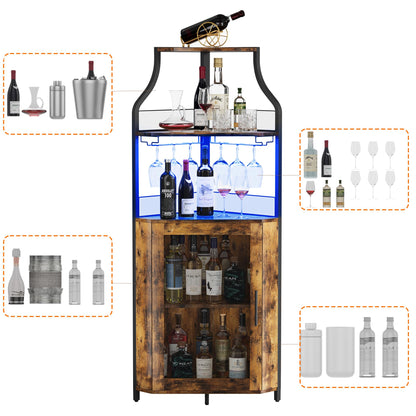 GarveeHome Corner Bar Cabinet with LED Lights, Industrial Liquor Cabinet with Adjustable Shelf, 5-Tier Industrial Wine Cabinet with Glass Holder, Home Bar Cabinet, Coffee Bar Cabinet, Rustic Brown