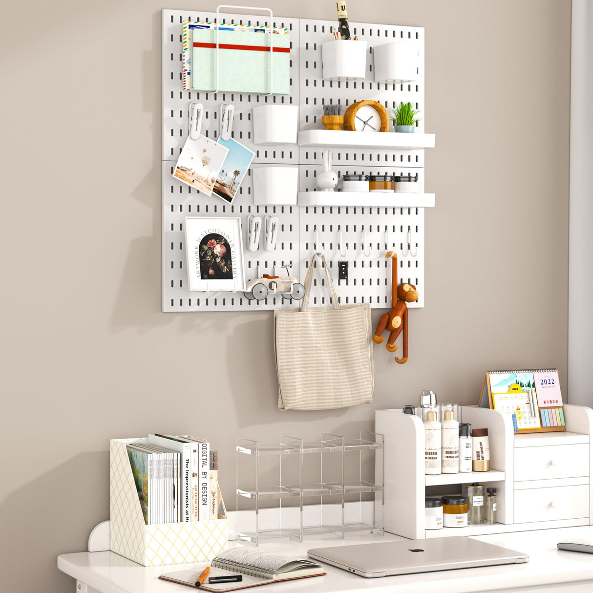 VEOFEMLEA Peg Board Combination Kit, 4 Pegboards with 20 Accessories, Pegboard Wall Organizer for Office, Nursery & Home Storage, Key Holder, 25.6"x25.6" – Nail-Free Installation（White） VEOFEMLEA