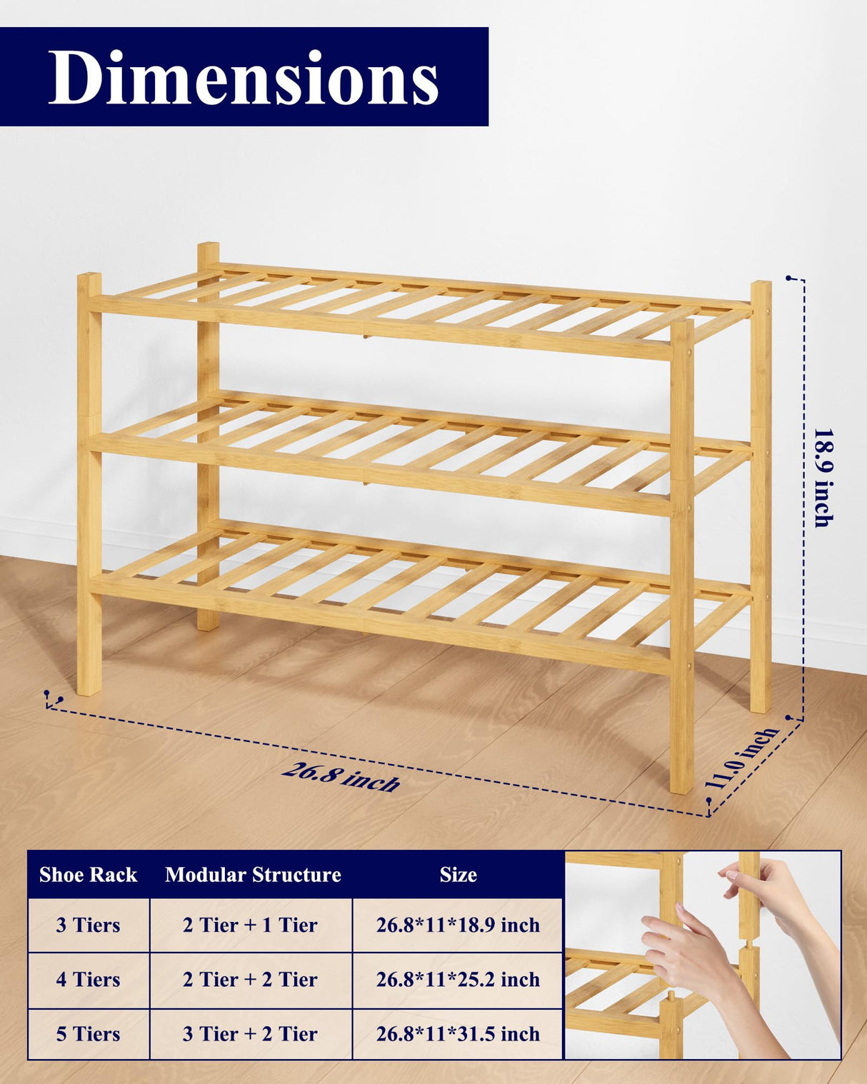 Kitsure Bamboo Wooden Shoe Rack for Closet - Stackable Shoe Organizer with Modular Structure, Space-Saving Shoe Shelf for Entryway, Living Room, Bedroom, 26.8" x 11" x 18.9", Natural Kitsure