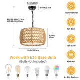 WILON 12.4'' 3-Light Rattan Chandelier with Fabric Shade, Dining Room Light Fixtures Over Table, Modern Boho Pendant Lights Kitchen Island Lighting, Farmhouse Rustic Drum Hanging Lamp with E26 Base WILON