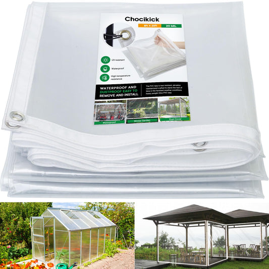 Chocikick 8 x 20 FT Outdoor Clear Tarp Curtain Waterproof 20 Mil, Wind-Proof Transparent Anti-Tear PVC Thick Cover with Grommets, Vinyl Tarp for Patio Pergola Garden Canopy Rainproof (8 x 20 FT)