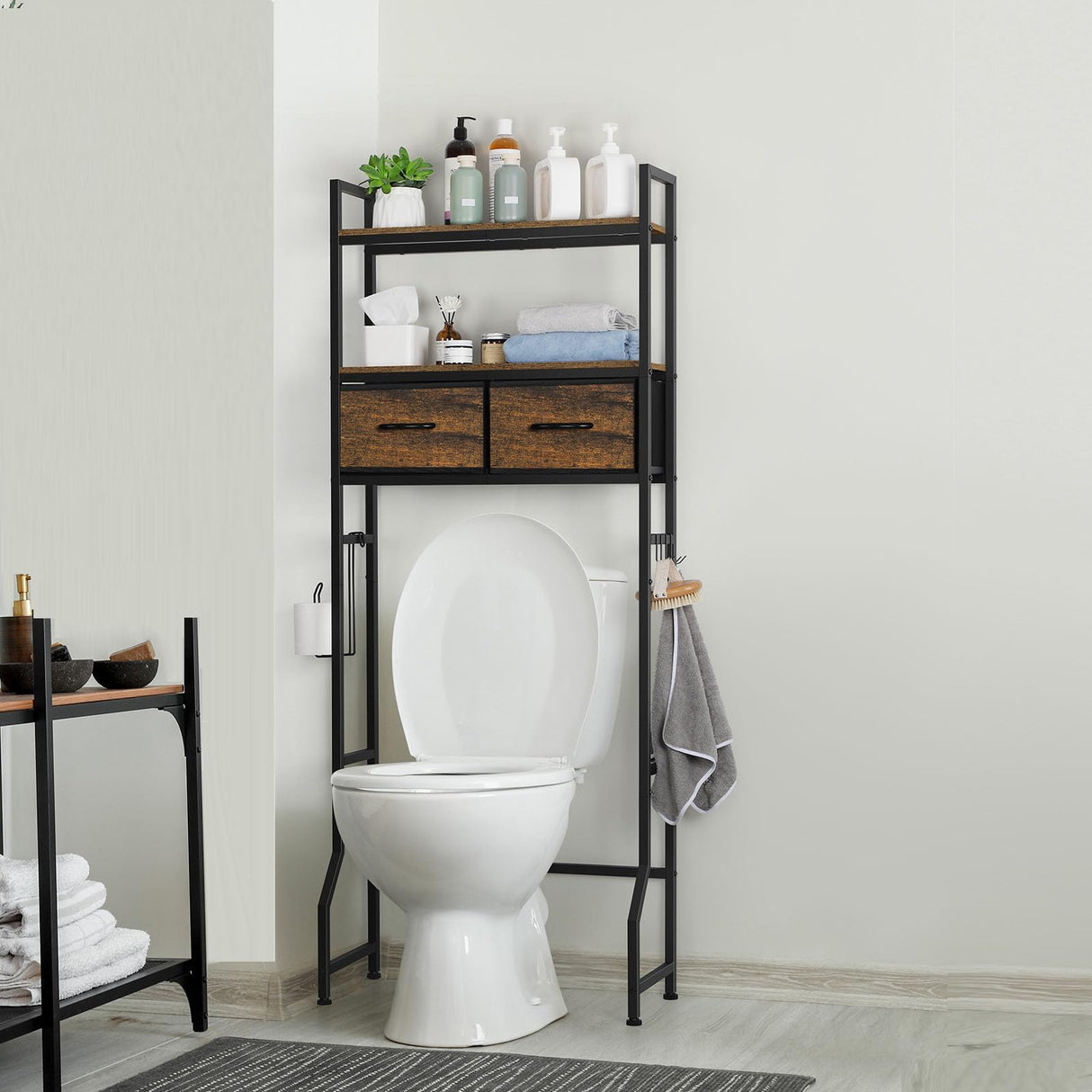 ETELI Over The Toilet Storage Cabinet with Fabric Drawers Bathroom Storage Over Toilet Fit Most Toilets, Rustic Brown ETELI