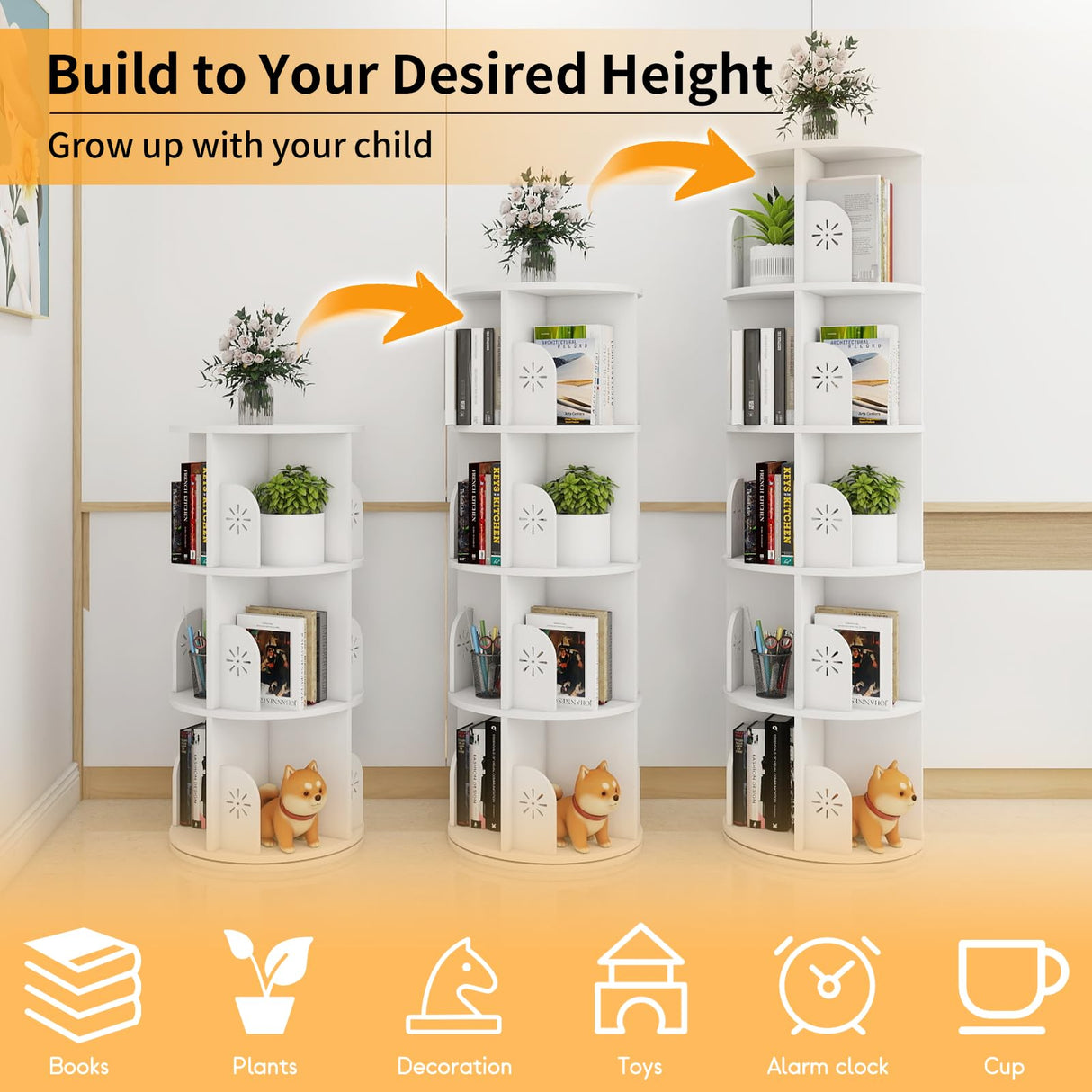 Hestiasko 5 Tier Rotating Bookshelf, 360 Rotating Bookcase, Spinning Bookshelf Tower for Kids & Adults, Corner Book Shelf for Small Space, Revolving Bookcase for Bedroom, Living Room, White Hestiasko