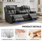 Manual Recliner Sofa Set 3 Piece with Wireless Charger for Living Room,Leather 3 Seater Reclining Couch with Bass Speakers and Loveseat Theater Seating,Home Electric Recliner Chair with LED Light,Grey Comfort Stretch