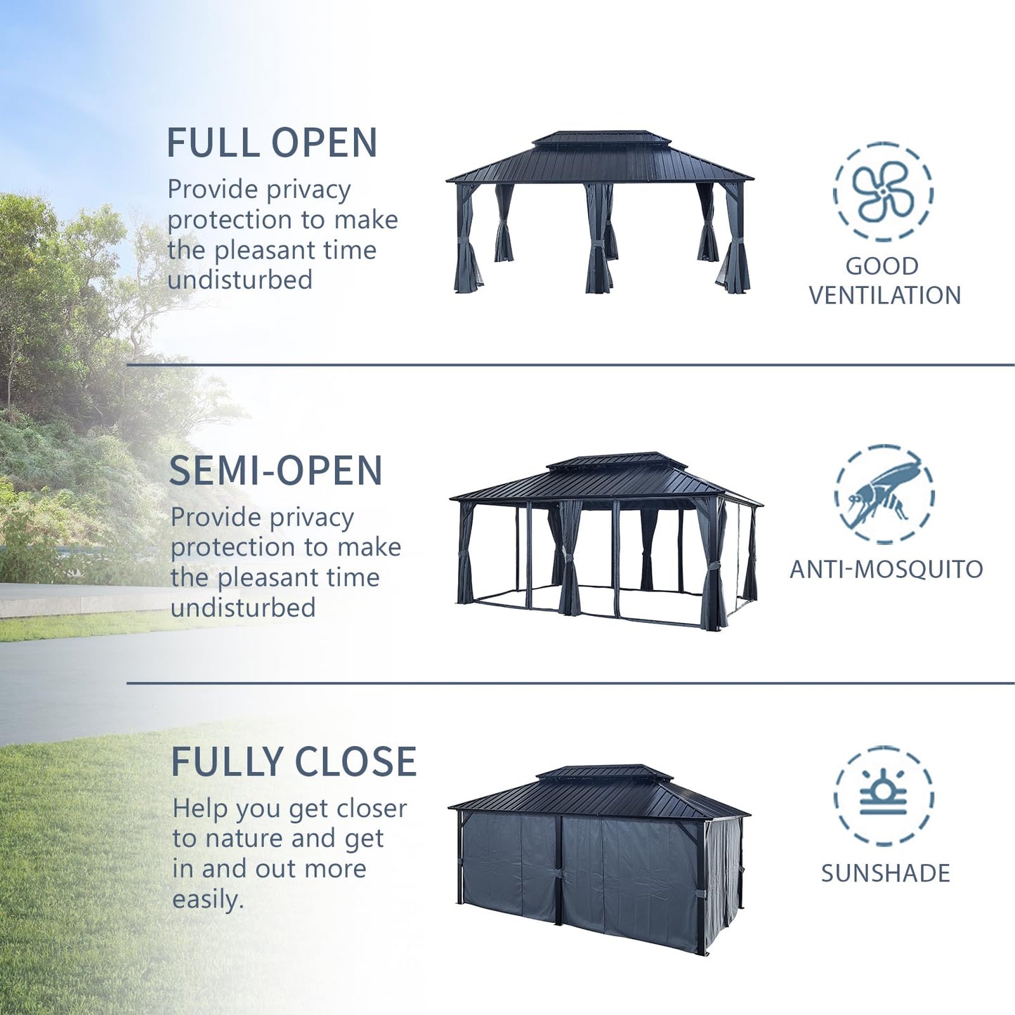 DJHK docor 12' X 18' Large Permanent Gazebo, Coated Aluminum Frame Canopy with Dual-Layer Galvanized Steel Hardtop Top, Outdoor Metal Pavilion, for Deck, Patio and Backyard,Black - WoodArtSupply