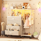 Seeday Fabric Dresser with Clothes Rack, 4 Drawers Dresser for Bedroom with Charging Station and LED Lights, Chest of Drawers with Wheels, Steel Frame, Wood Top, for Bedroom, Closet, White Seeday