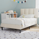 VECELO Twin Bed Frame with Upholstered Headboard, Heavy-Duty Platform Bedframe with Strong Wooden Slats Support, No Boxing Spring Needed, Pale Beige VECELO