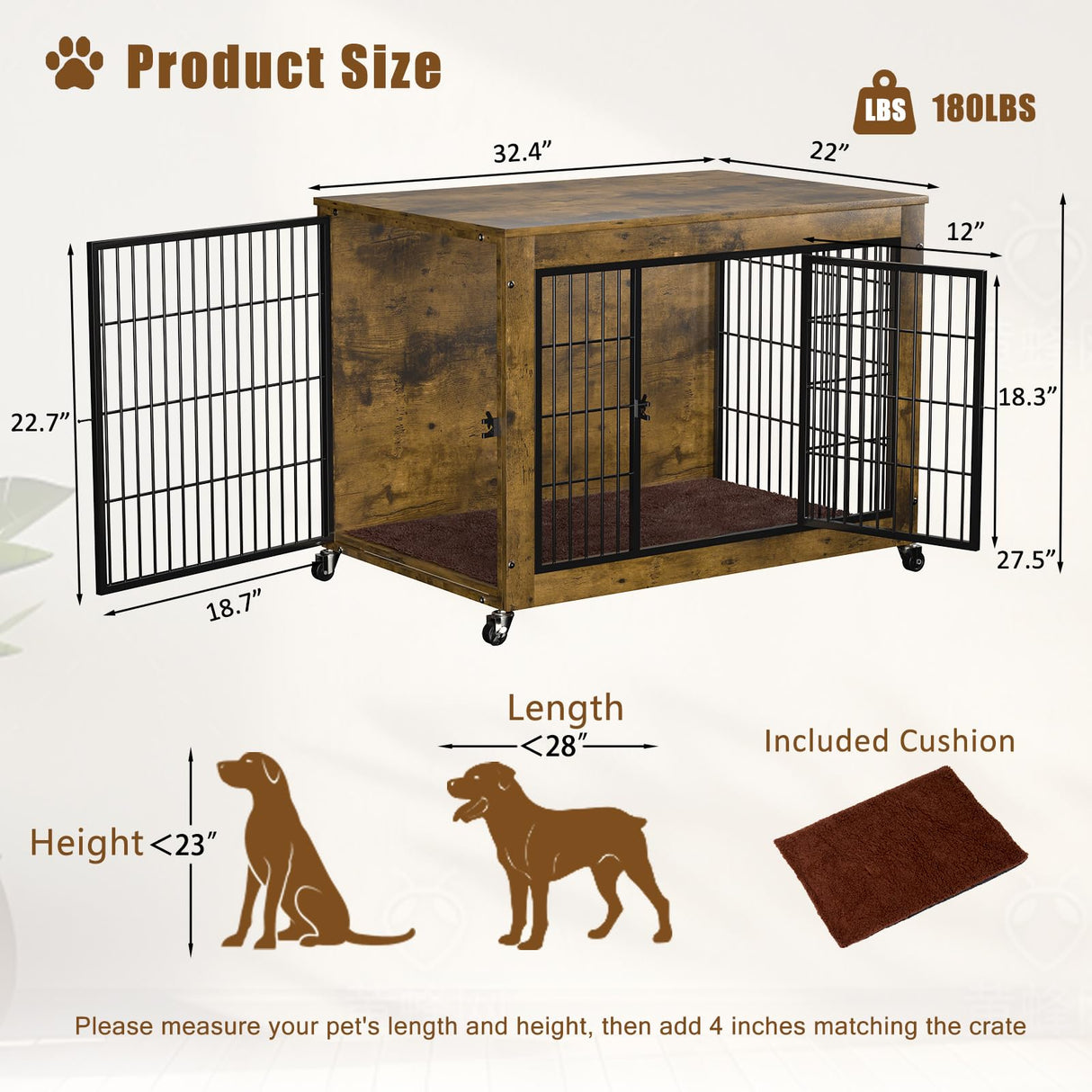Dog Crate Furniture with Cushion, 32 Inch Wooden Dog Kennel Furniture Indoor, Heavy Duty Dog Crates for Small Medium Dogs, Dog Cage with Wheels, Chew Resistant, Double Doors Dog House, Rustic Brown VENDORZ