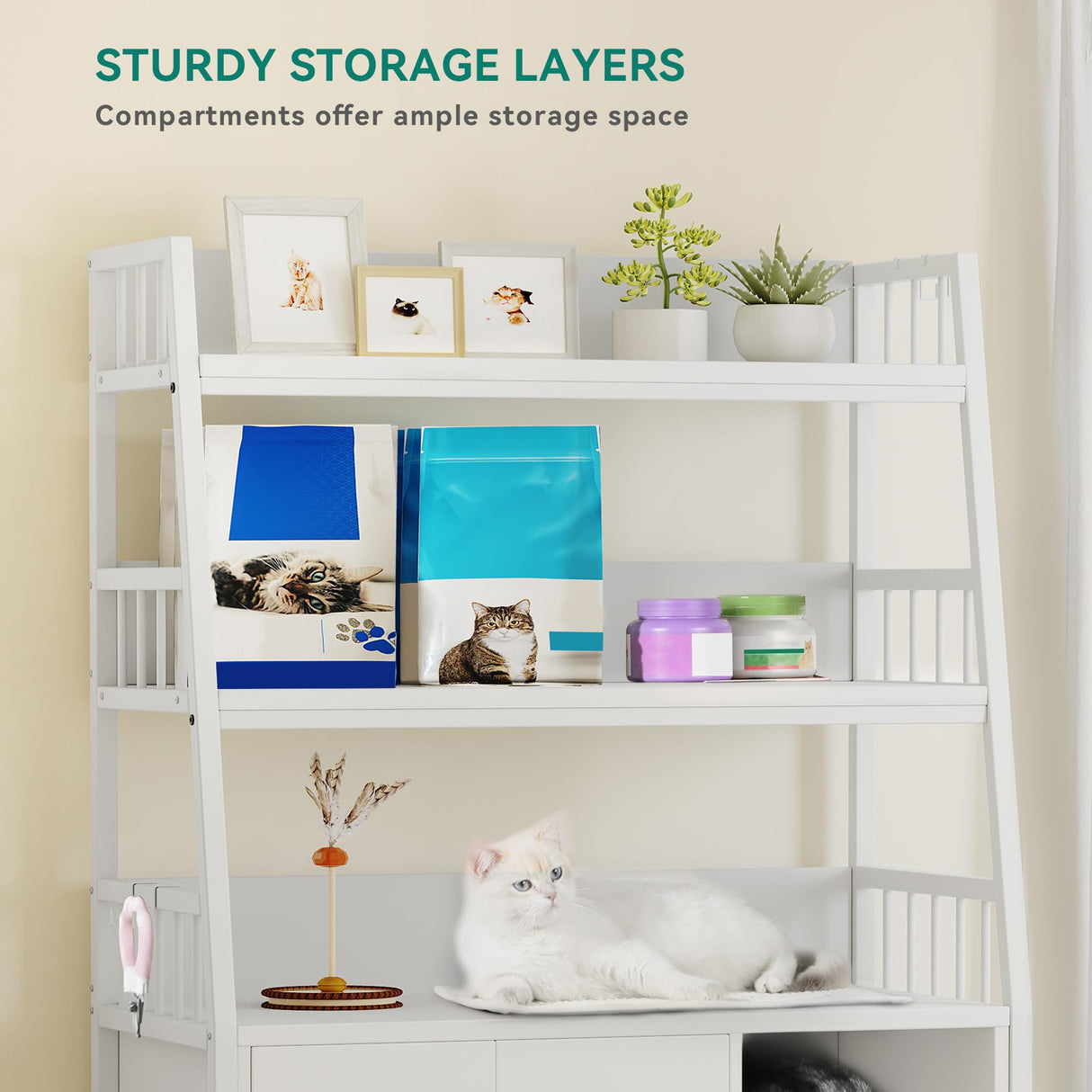 YITAHOME Cat Litter Box Enclosure with Storage Shelves, Indoor Large Litter Box Furniture Wooden Hidden Cat Cabinet Washroom Corner, White YITAHOME