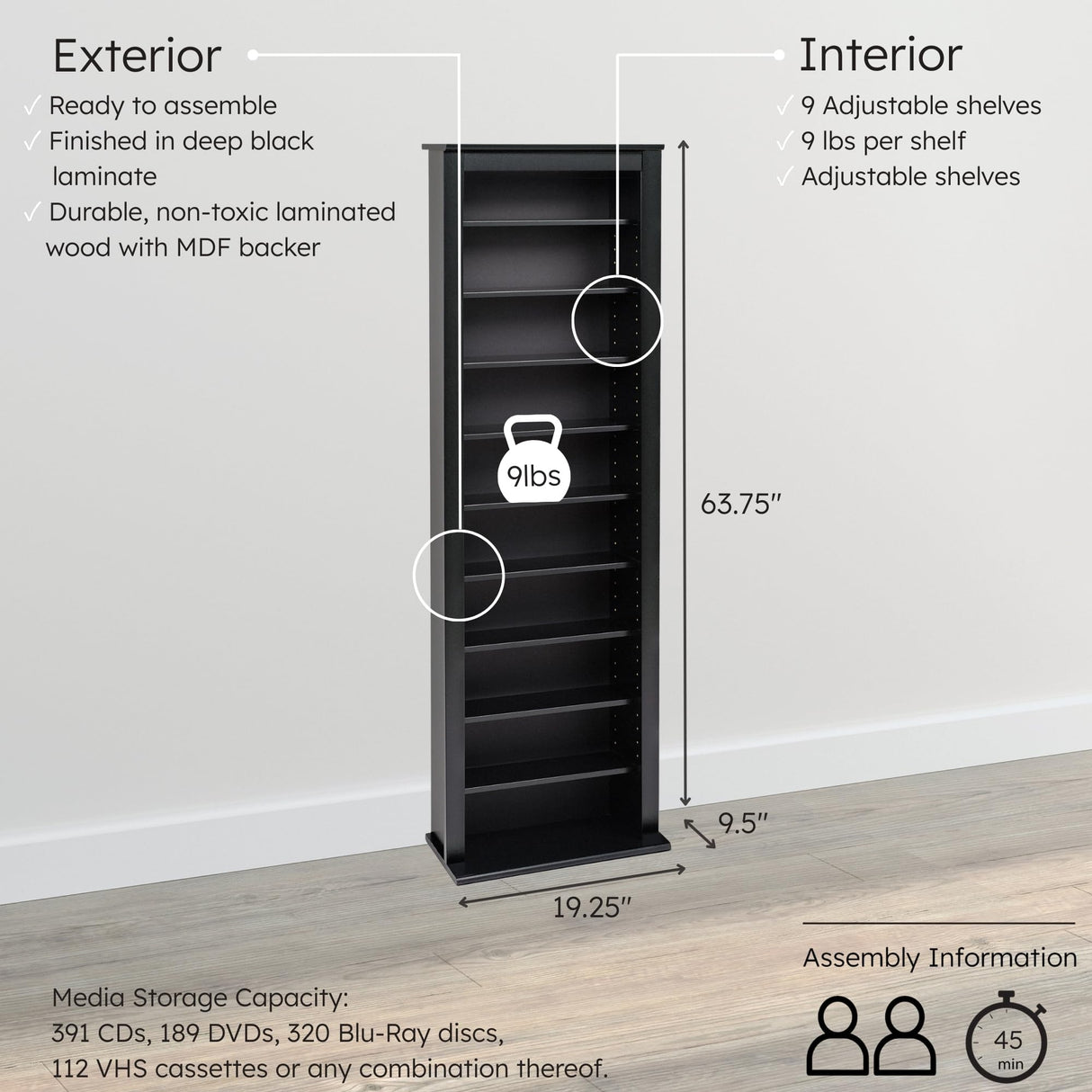 Prepac Narrow Cabinet Media Storage, Slim Barrister Tower, Black Prepac