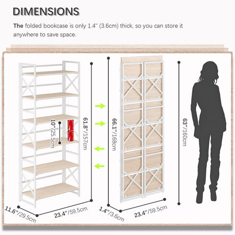 4NM 6 Tiers No Assembly Book Shelves, 61.8" H Folding Bookshelf Bookcase Open Industrial Foldable Shelves for Bedroom, Living Room, Home Office - Natural White 4NM