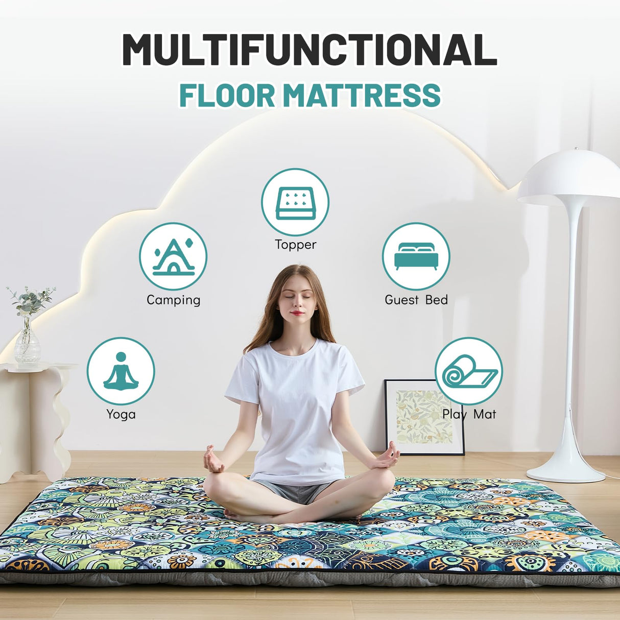 Zelladorra Japanese Floor Mattress Futon Mattress Twin, Anti Slip Floor Futon Mattress Sleeping Mat Foldable Floor Mattress for Camping and Guest, Boho Green Checkered Zelladorra