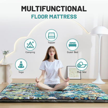 Zelladorra Japanese Floor Mattress Futon Mattress Twin, Anti Slip Floor Futon Mattress Sleeping Mat Foldable Floor Mattress for Camping and Guest, Boho Green Checkered