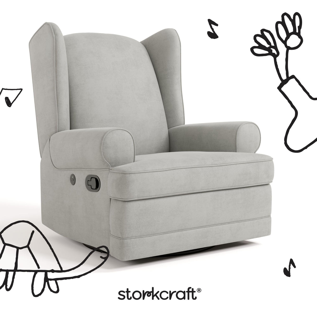 Storkcraft Serenity Upholstered Swivel Glider with USB Charging Port (Steel) – Fully Upholstered Wingback Nursery Glider Recliner with Manual Recline Function, 2 USB Charging Ports, 360 Swivel Base Storkcraft