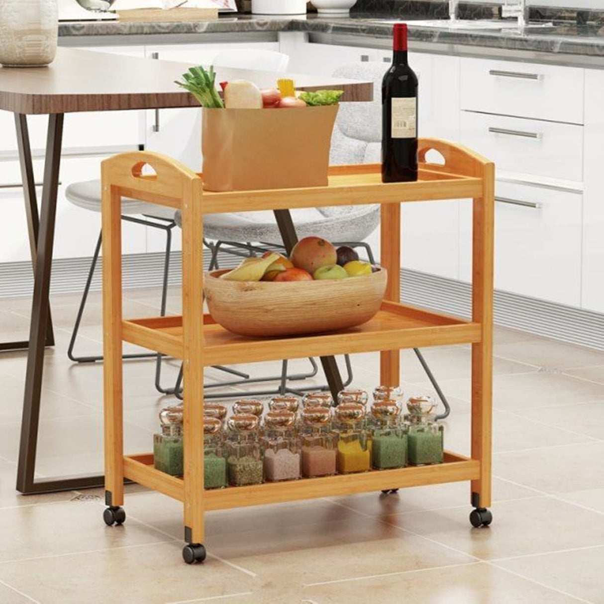 Baoz 3-Tier Bamboo Rolling Cart Kitchen Serving Cart Organizer Storage Rack Utility Mobile Trolley with Lockable Wheels for Home Bar Living Dining Room Baoz
