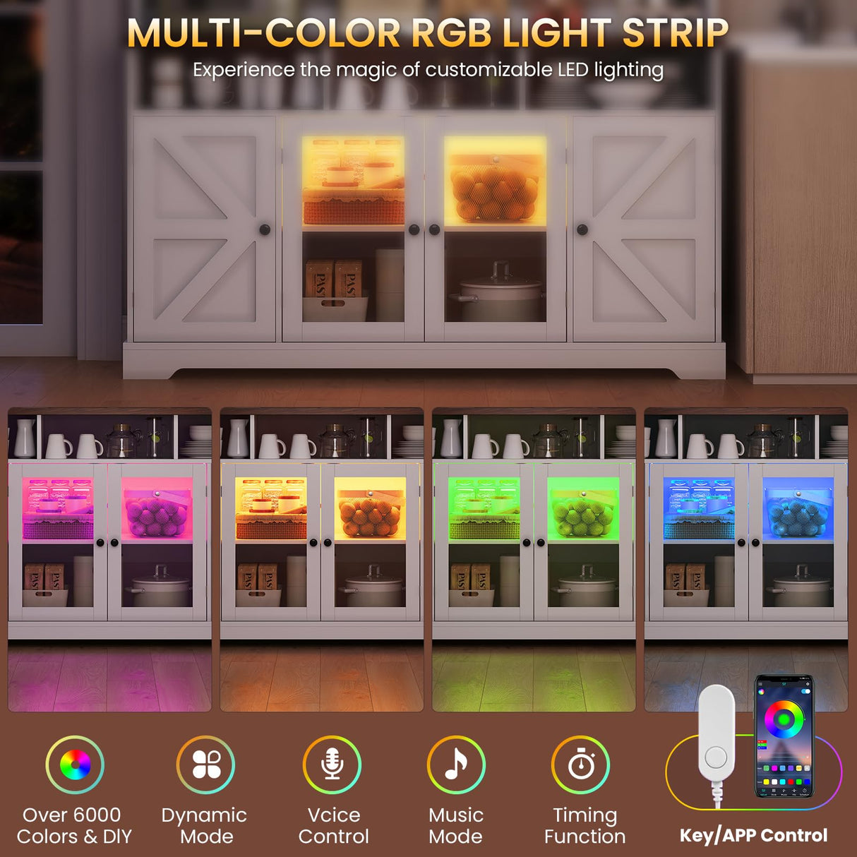 Hasuit Farmhouse Sideboard Buffet Cabinet with Goblet Holder & Power Outlet, Coffee Bar Storage with RGB LED Light and Adjustable Shelf for Kitchen Living Room (White) Hasuit