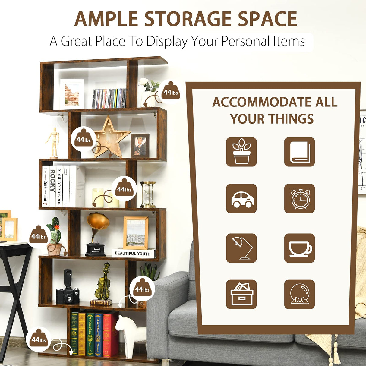 IFANNY 6 Tier Bookshelf, S Shaped Bookcase w/Staggered Storage Shelves, Display Shelf and Room Divider, Librero para Habitacion, Book Shelf for Bedroom, Living Room, Home Office (Rustic Brown) IFANNY