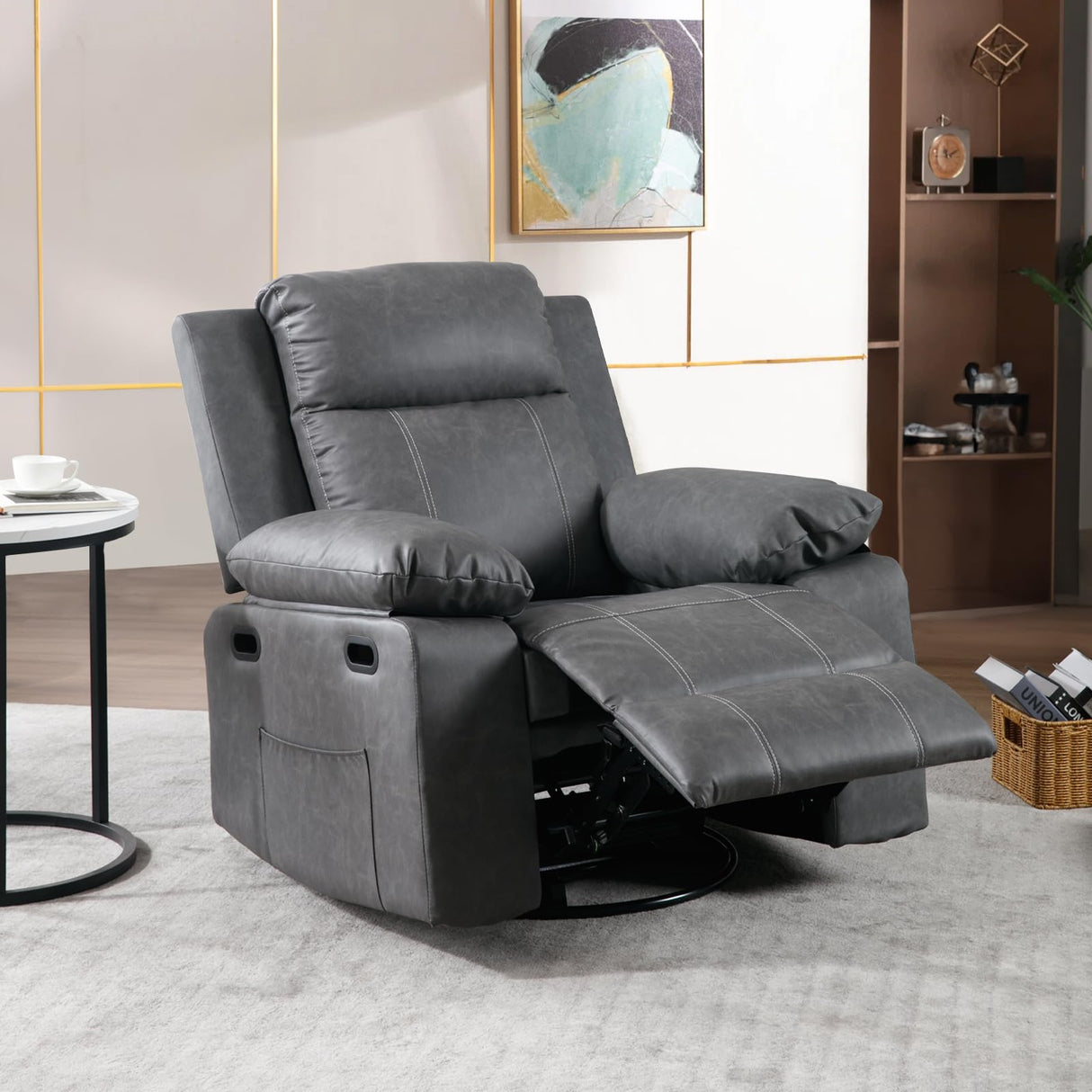 Massage Recliner Chair for Adults,360 Degree Manual Swivel Rocker Recliner with Heat and Vibration,PU Leather Glider Rocking Reclining Chair for Home Theater Seating,Lounge,Nursery,Living Room(Grey) JEEOHEY