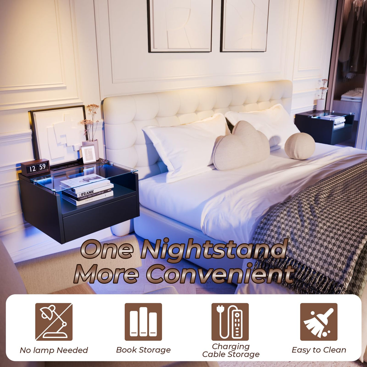 Floating Nightstand Set of 2 with Charging Station, 18.9" Extended Bedside End Table with Drawer and LED, Modern Wall Mounted Night Stand Side Table with Open Shelf for Bedroom,Living Room MULEJYBO