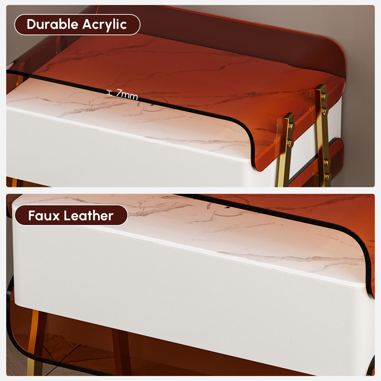 homary Modern Lighted Nightstand with Wireless Charging Station, Acrylic Shelves and Motion Sensor LED – Smart Bedside Table with Leather Drawer and Stainless Steel Legs homary