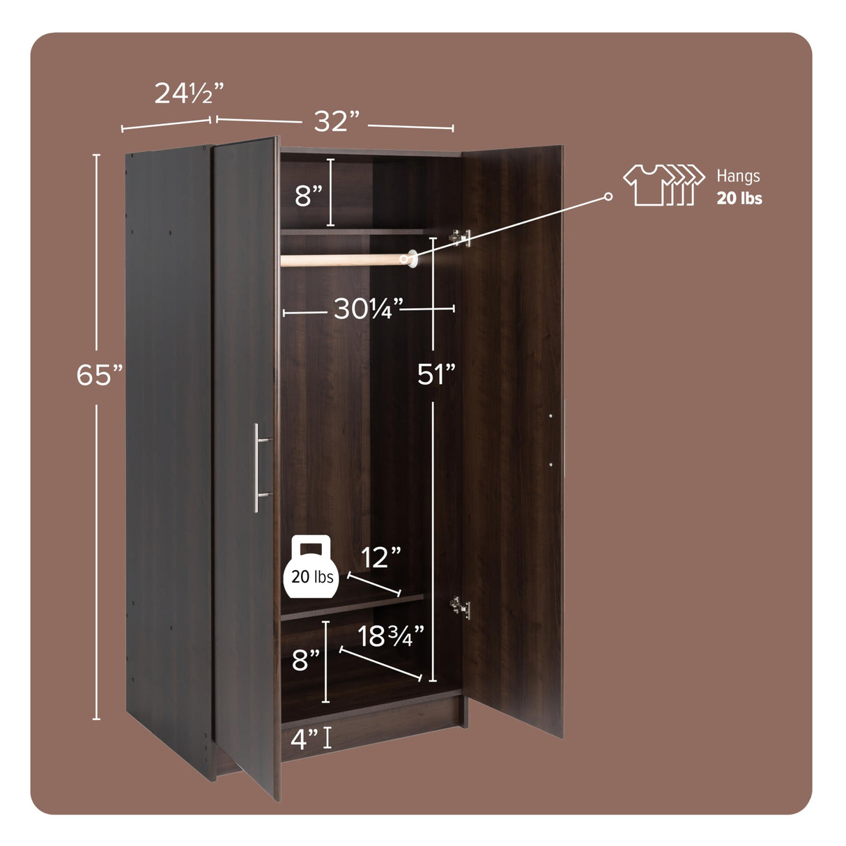 Prepac Elite 32" Storage Cabinet Closet, Brown Storage Cabinet, Linen Cabinet, Wardrobe Cabinet with Hanging Rail and Shelves 20" D x 32" W x 35" H, EEW-3264 Prepac