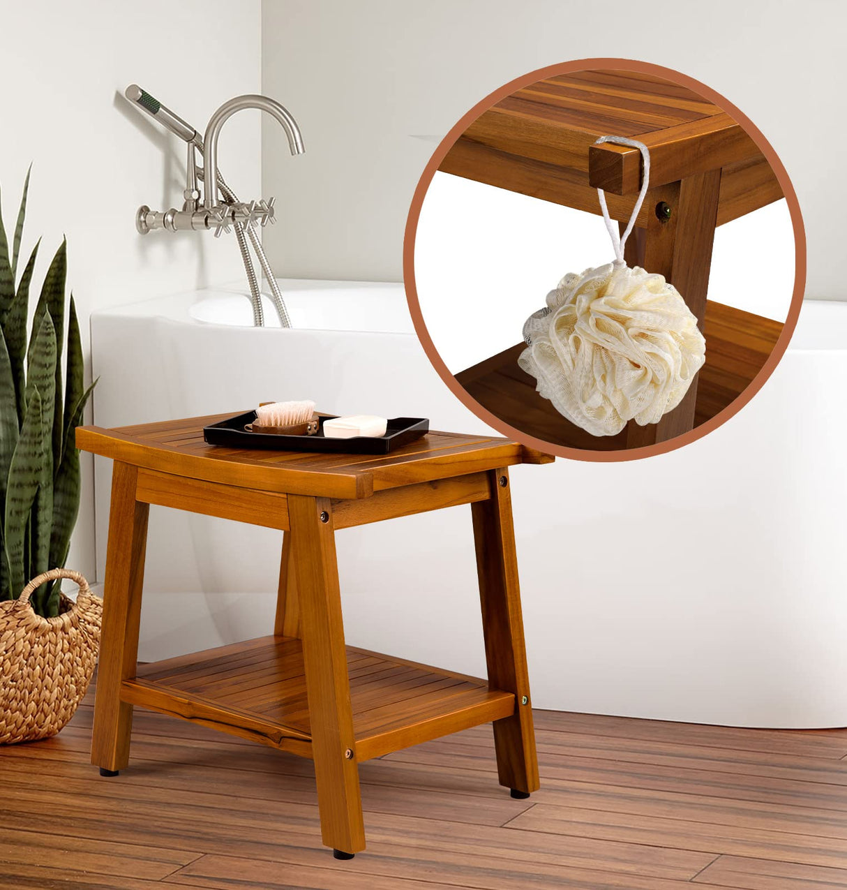 TEAKMAMA 21 Inch Teak Shower Bench with Storage Shelf and Handles, Teak Wood Shower Stool & Spa, Waterproof Shower Bench for Indoor and Outdoor Use, Bathroom Stools for Adults Sitting TEAKMAMA