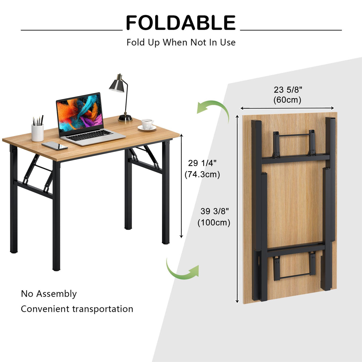 Need Folding Desk for Home Office 39-3/8'' Length Modern Folding Table Computer Desk No Install Needed Teak Color Desktop Black Frame, AC5BB(10060) Need
