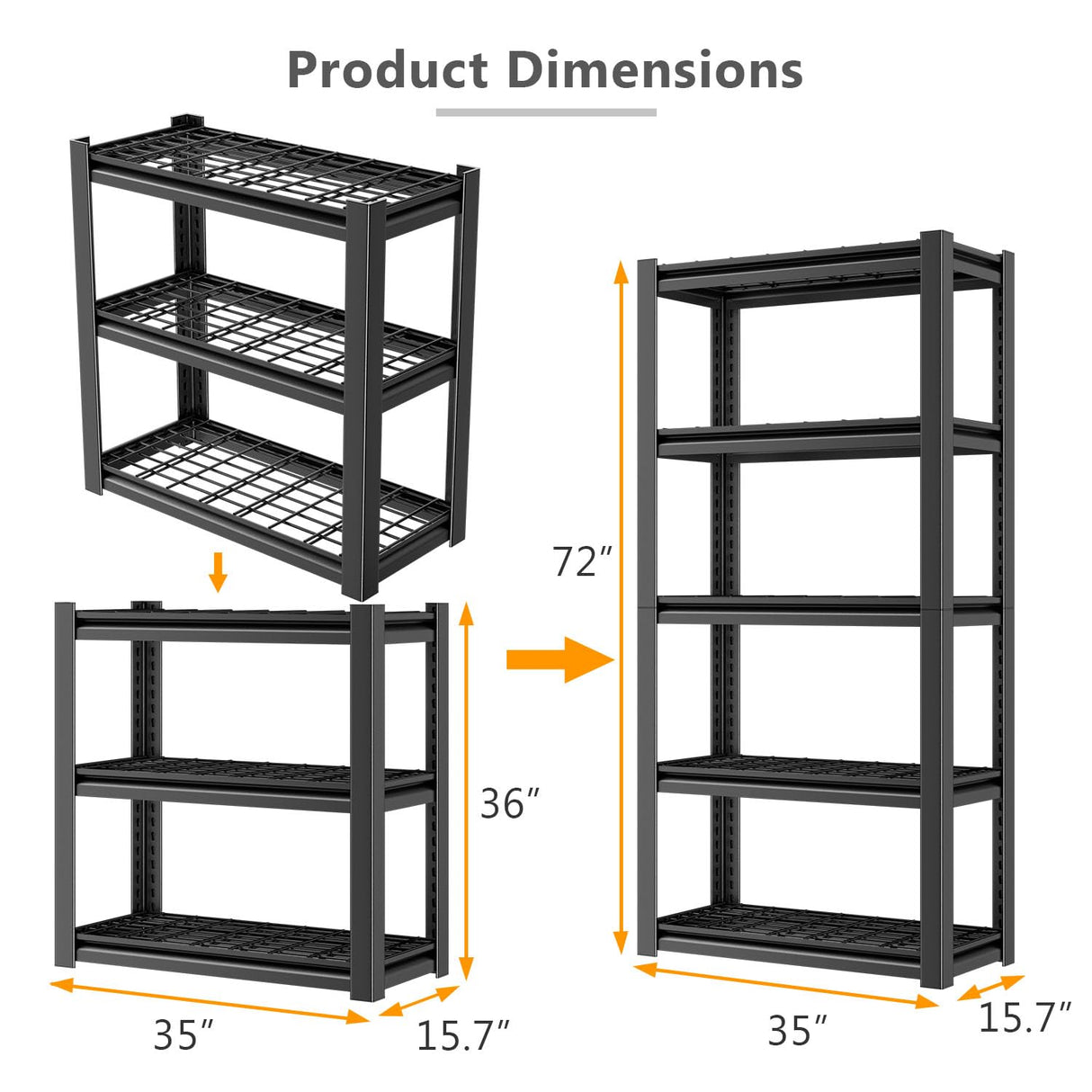 OS MOTOR 72" Storage Shelving Unit, Heavy Duty 5-Tier Adjustable Metal Rack, Standing Utility Shelves for Garage, Basement, Pantry, Kitchen, Warehouse, 3000 lbs Capacity, 72" H x 35" W x 16" D, Black OS MOTOR