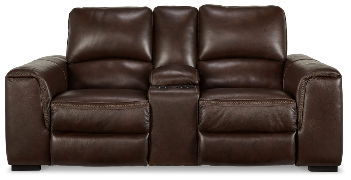 Signature Design by Ashley Alessandro Contemporary Tufted Leather Power Reclining Loveseat with Console and Adjustable Headrest, Dark Brown Signature Design by Ashley
