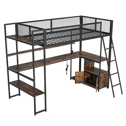 Twin Loft Bed with Charging Station and RGB LED Light, Twin Size Loft Bed with Desk and Storage Shelf, Twin Loft Bed with Door and Full Length Guardrails(Twin Black)