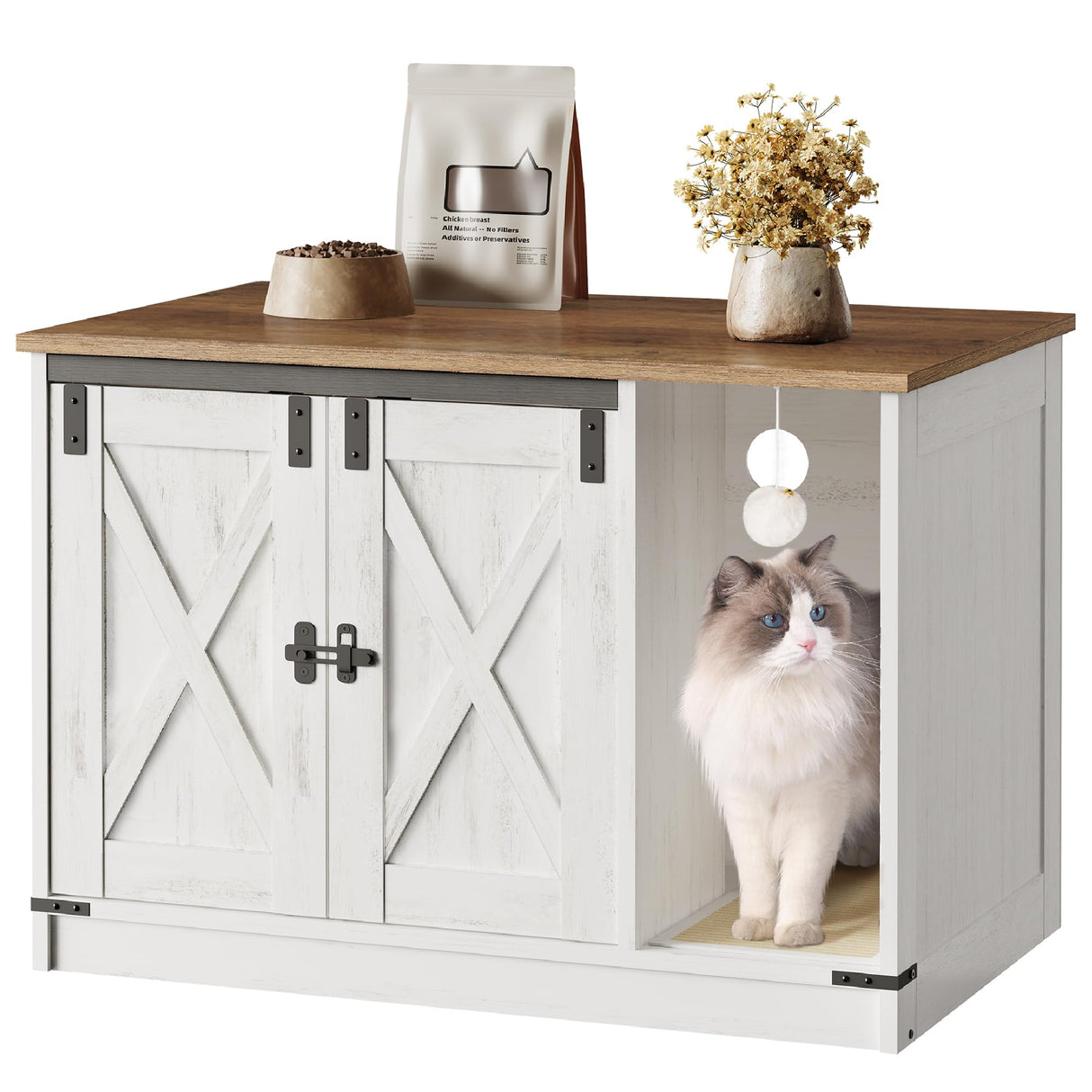 Hzuaneri Cat Litter Box Enclosure, Hidden Litter Box Furniture with Cat Bell, Indoor Cat House, Farmhouse Style, 31.5 x 20.9 x 19.7Inches, for Hallway, Bedroom, Rustic White and Brown CB82414X Hzuaneri