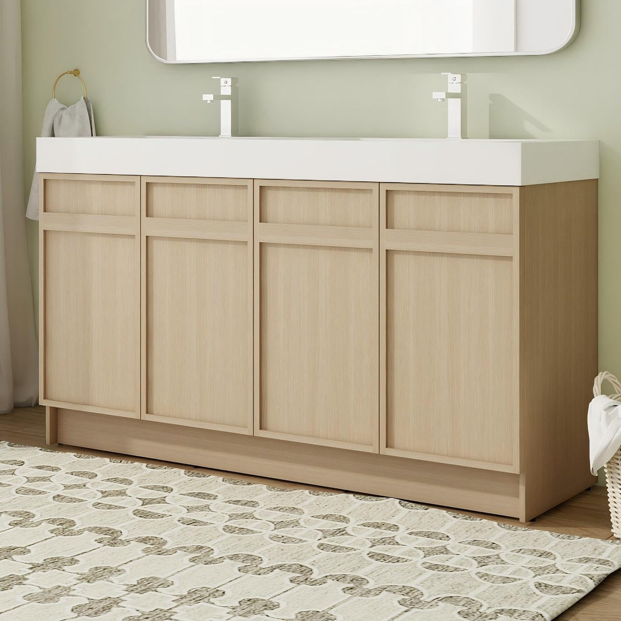 Calieton 60 Inch Freestanding Vanity, 60" Bathroom Vanity with Sink, Double Sink Floor Stand Vanity Combo, Modern Brown Bathroom Vanity Set with 4 Doors and White Basin Sink Calieton