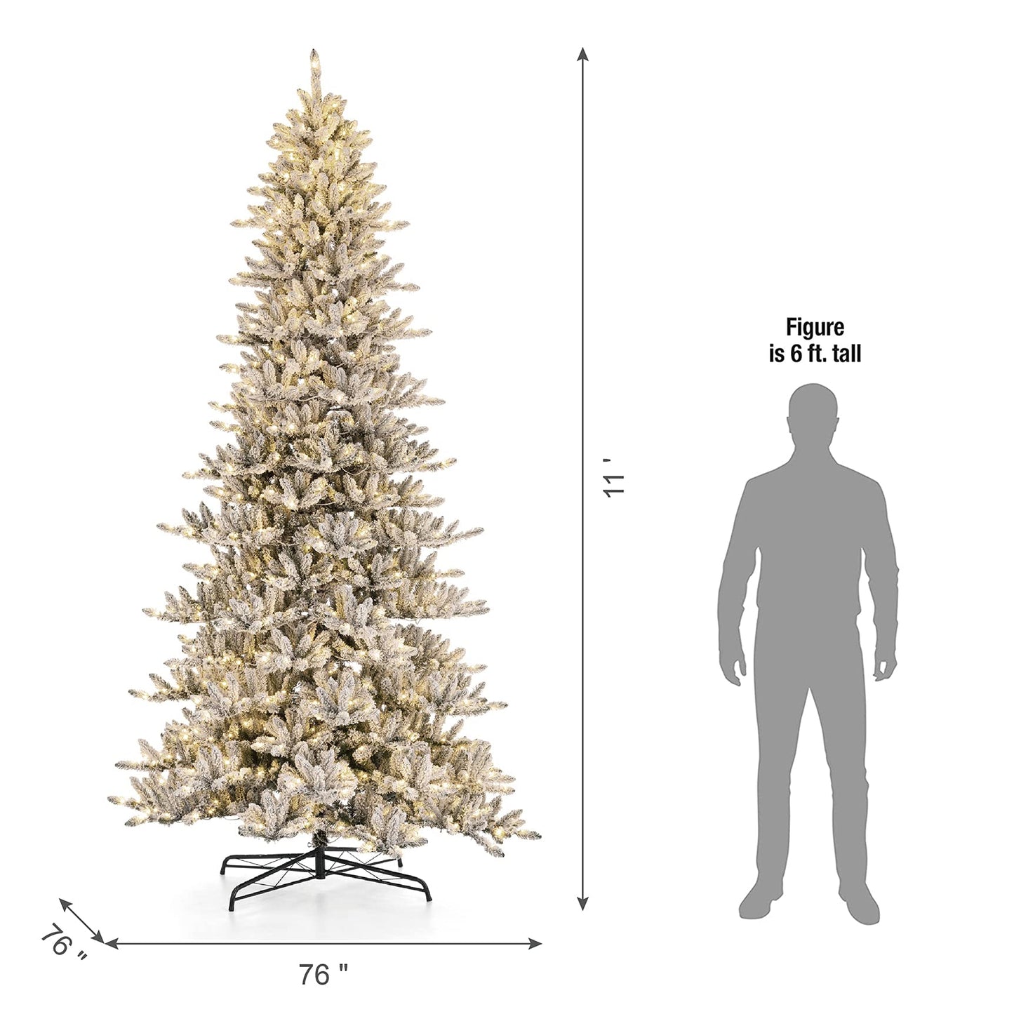 11ft Pre-lit Snow Flocked Fir Artificial Christmas Tree w/Easy Assembly Metal Stand Artificial Slim Fir Christmas Tree w/950 Warm White Lights Holiday Decoration(Covered Some Glitter)