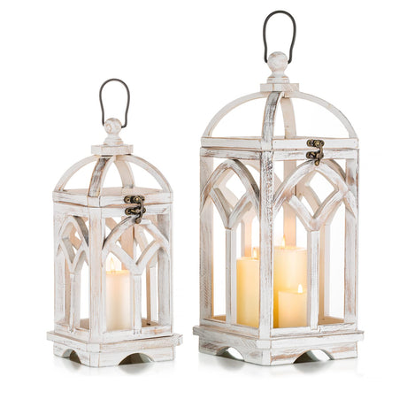 Romadedi Decorative Candle Lantern Wood - Rustic Wooden Lantern for Farmhouse Home Living Room Shelf Patio Table Decoration Christmas Holloween Wedding Party Table Centerpiece, Washedwhite Romadedi
