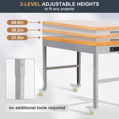 HABUTWAY Height Adjustable Workbench with Wheels 48" x 24" 2000 Lbs Capacity Oak Board Work Station Heavy-Duty Rolling Work Benches for Garage Party Shop Office (48 x 24 INCH Gray Frame)