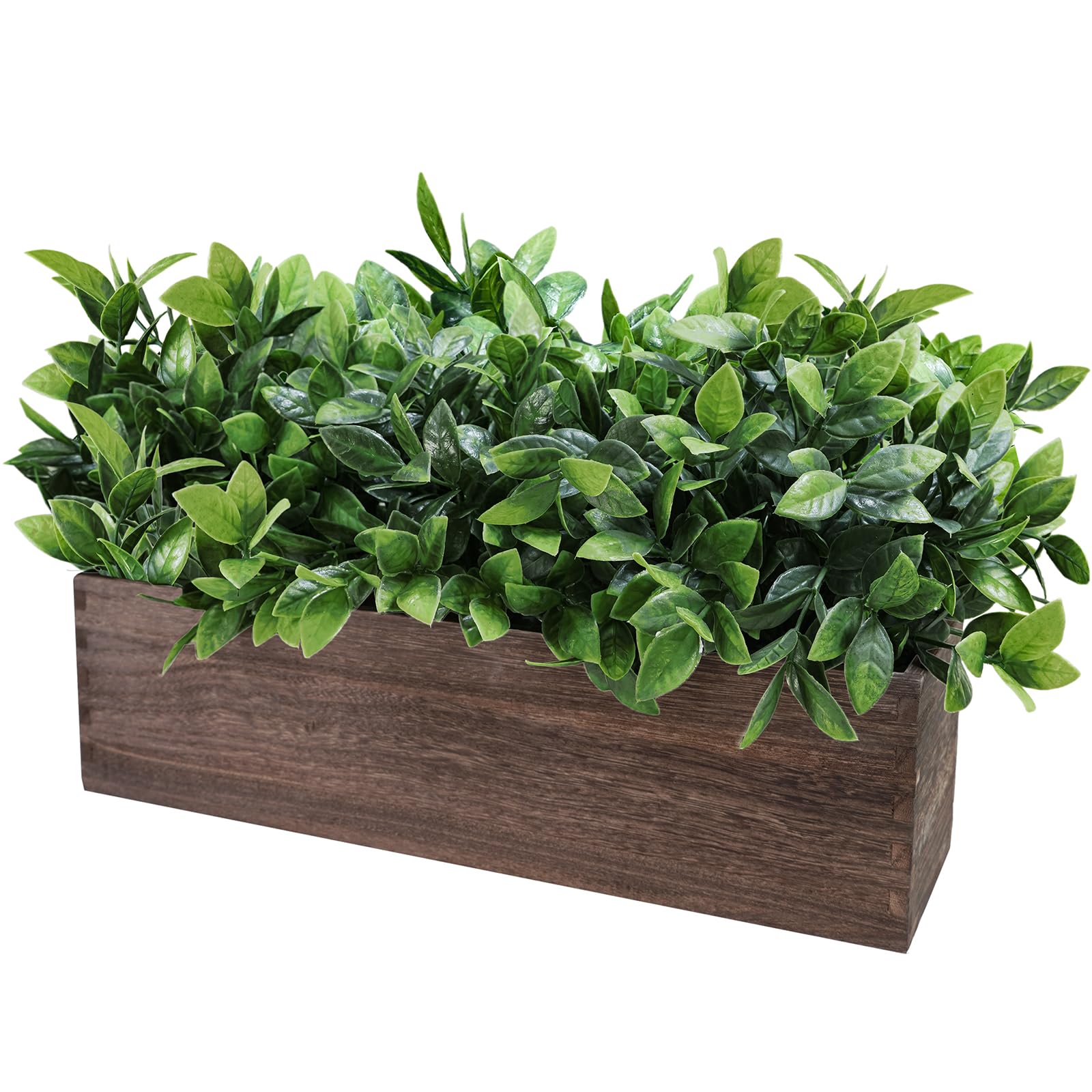 Winlyn 14" Artificial Boxwood Plants in Rectangular Wood Planter Farmhouse Greenery Arrangement Centerpiece Faux Potted Herb Plant for Wedding Dining Room Table Kitchen Windowsill Mantel Shel - WoodArtSupply