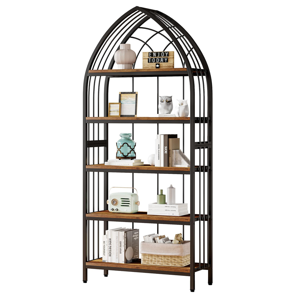 Tribesigns Industrial 5-Tier Bookshelf – 74.8 Inch Vintage Curved Display Shelf in Rustic Brown & Black Tribesigns