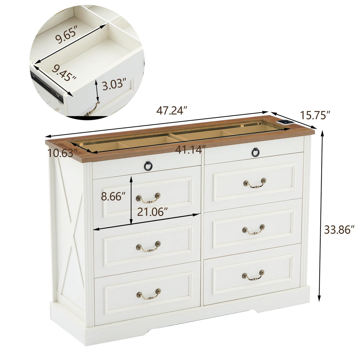 Tltaroni Farmhouse 8 Drawer Dressers, Wooden Chest of Drawers with Glass Top LED Light Charging Station Human Sensor Storage Organizer for Living Room Bedroom and Hallway, Antique White Tltaroni