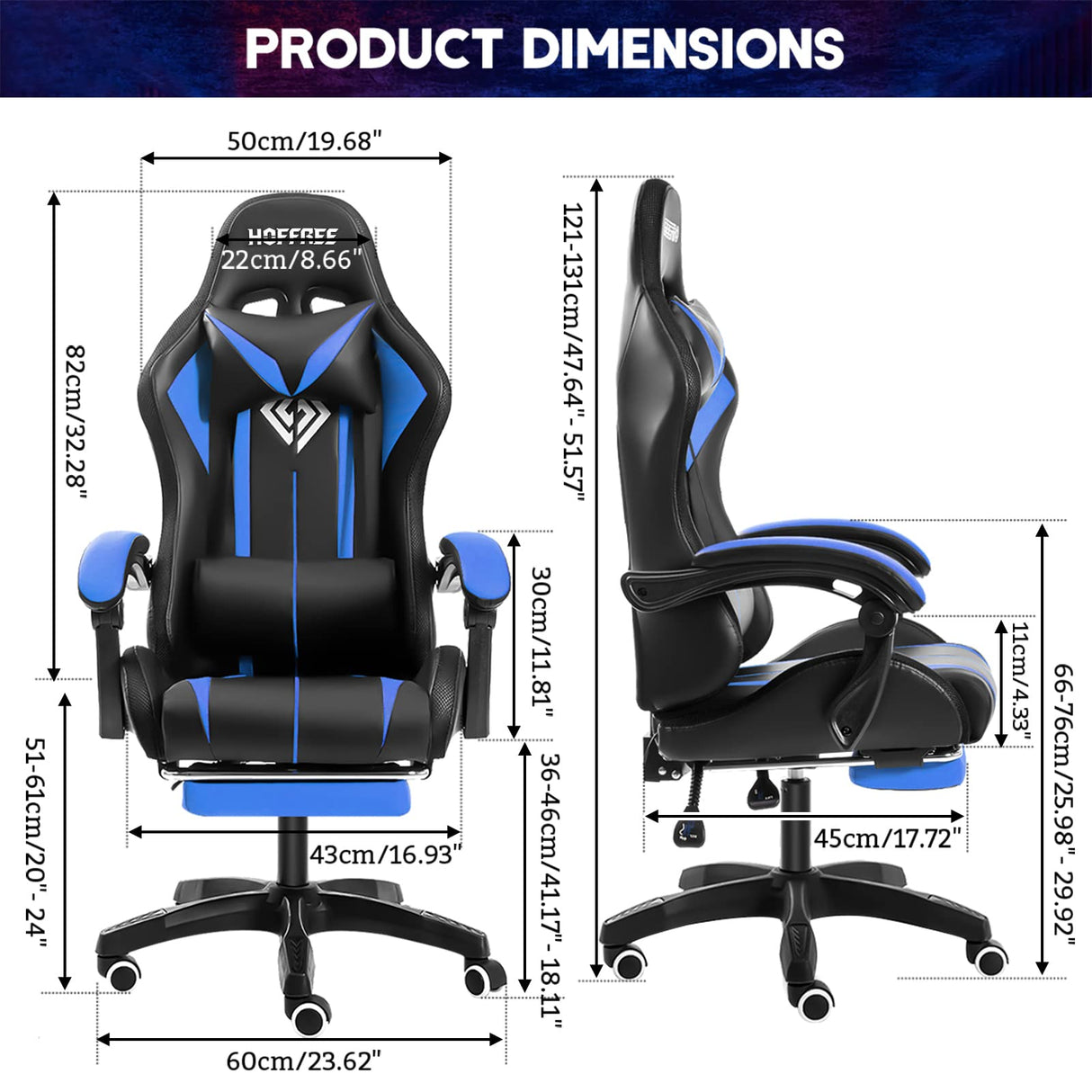 HOFFREE Gaming Chair with LED RGB Lights with Massage and Footrest Ergonomic Computer Chair High Back Video Game Chair with Adjustable Lumbar Support Linkage Armrest Blue and Black HOFFREE