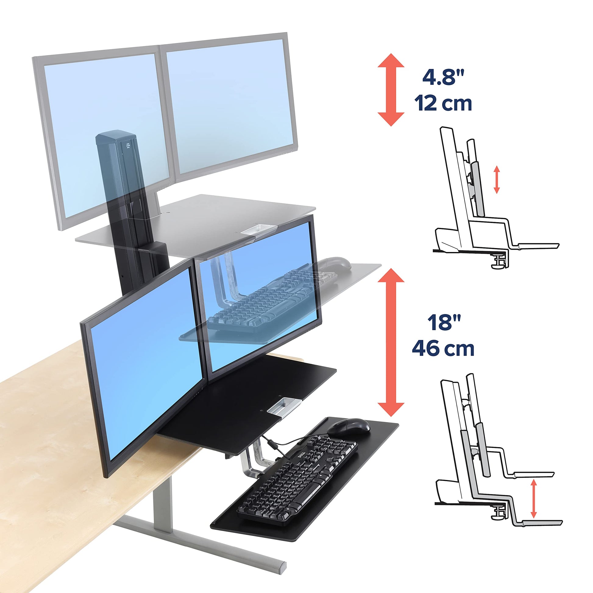 Ergotron – WorkFit-S Dual Monitor Standing Desk Converter, Sit Stand Workstation for Tabletops – With Worksurface, Black - WoodArtSupply